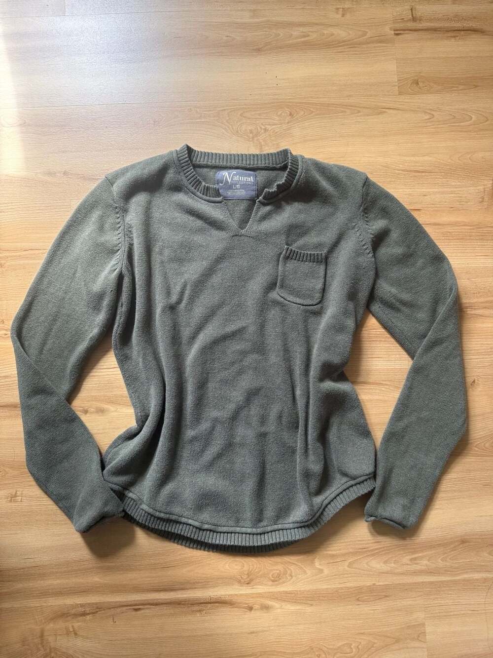 Natural Reflections Sweater Size L Green Pocket Cotton V-Neck
